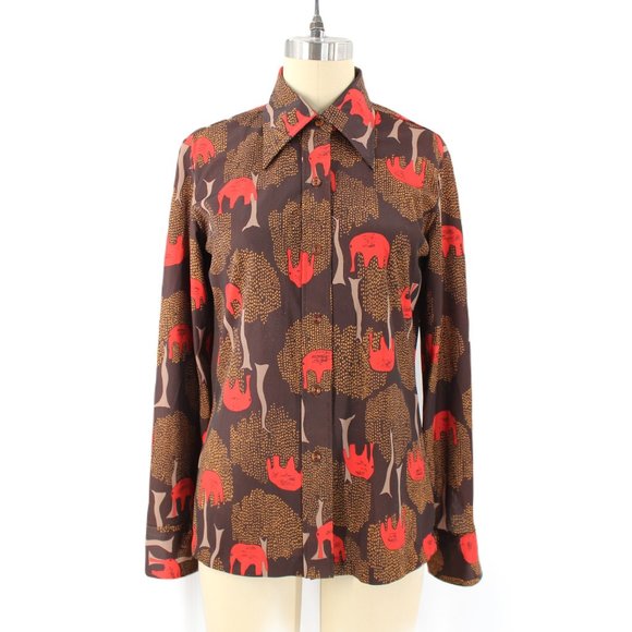 Vintage Sears Tops - VTG 70s Sears Polyester Shirt Dagger Collar Elephants Willow Abstract Print